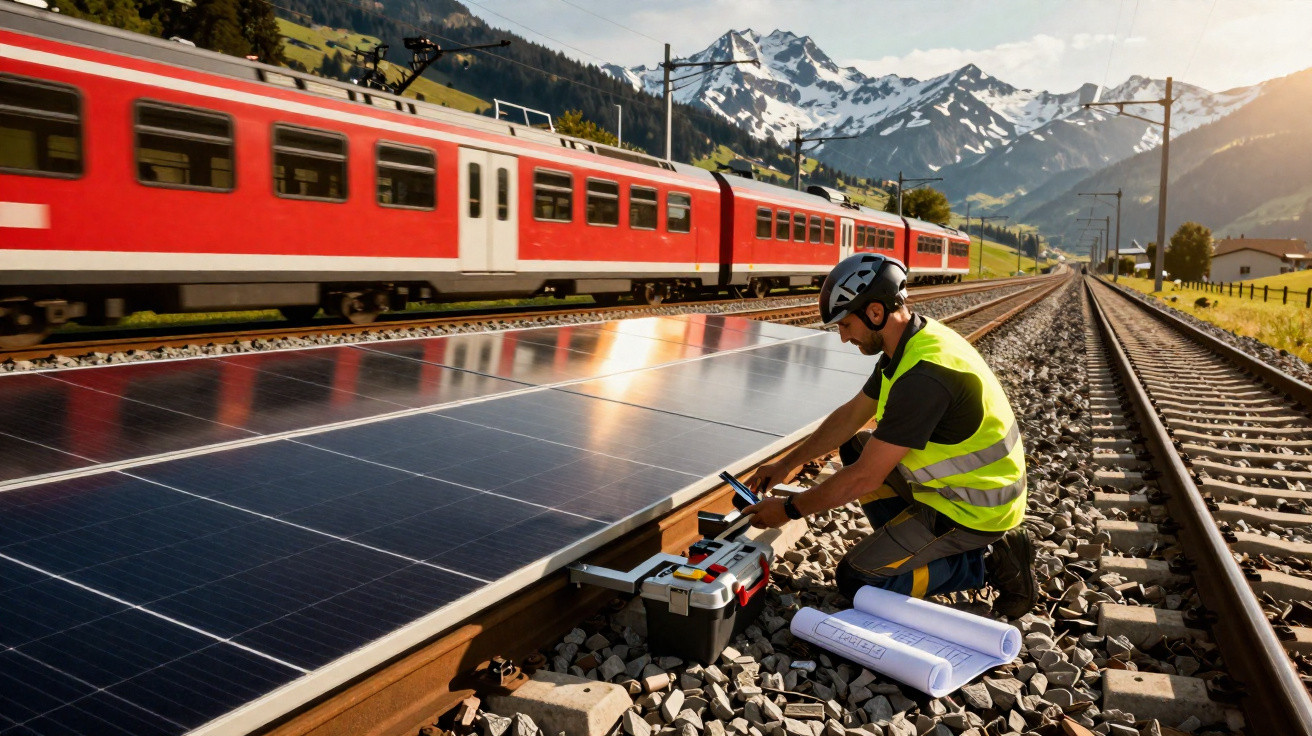 Homem com capacete e colete faz manutenção em painéis solares ao lado de trilhos de trem em área montanhosa.