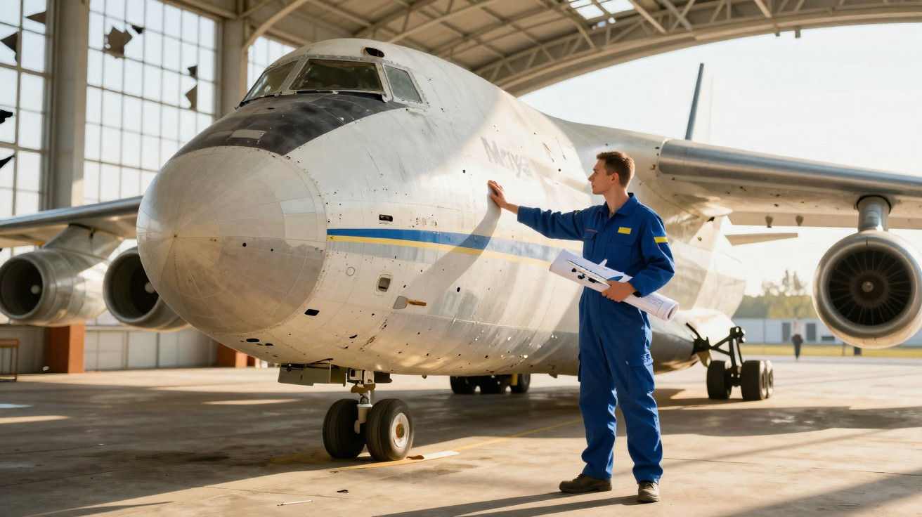 Homem em macacão azul inspeciona a parte frontal de avião pesado dentro de hangar de manutenção.