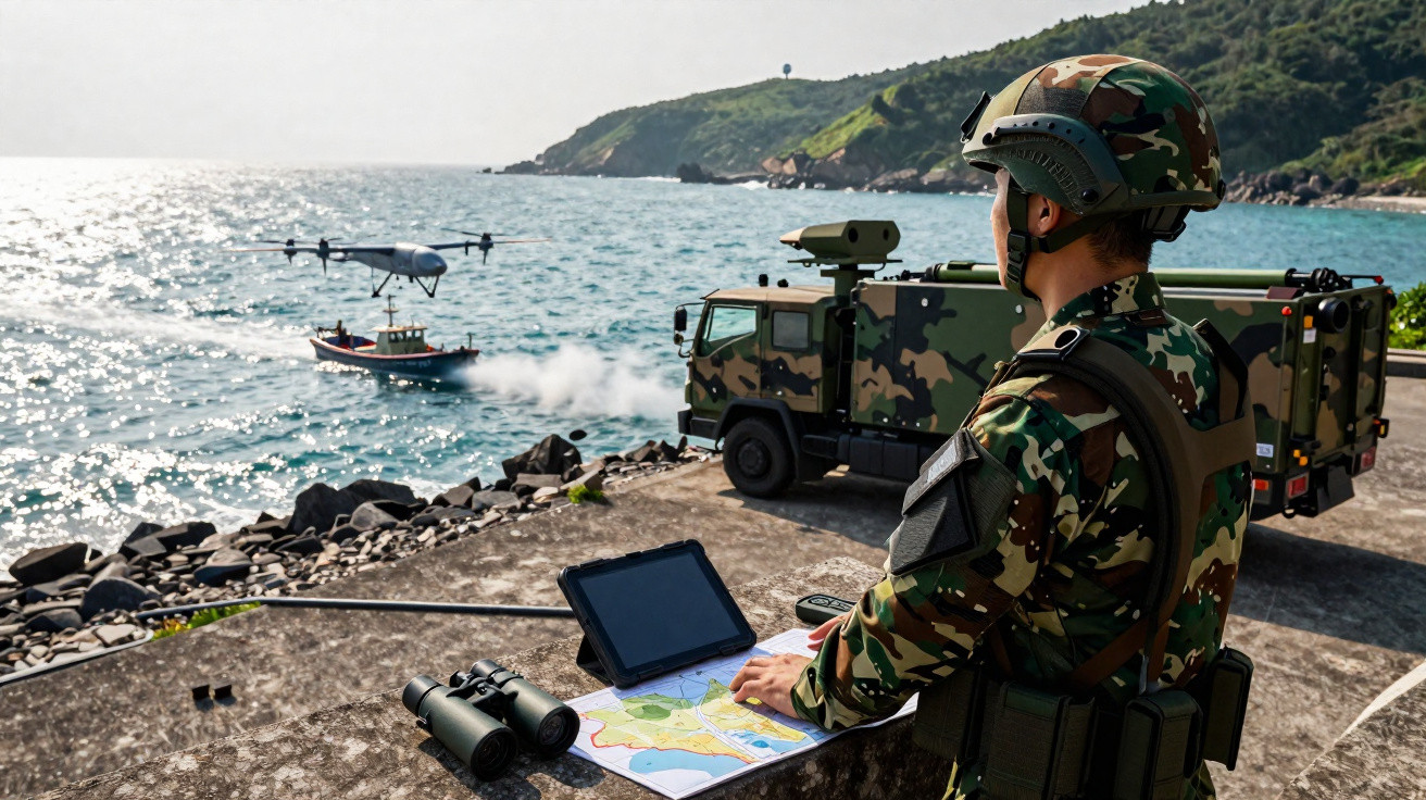 Soldado usando tablet controla drone militar sobre o mar próximo a caminhão camuflado na costa rochosa.