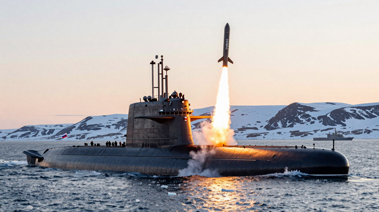 Submarino lança míssil na superfície do mar com montanhas nevadas ao fundo no pôr do sol.