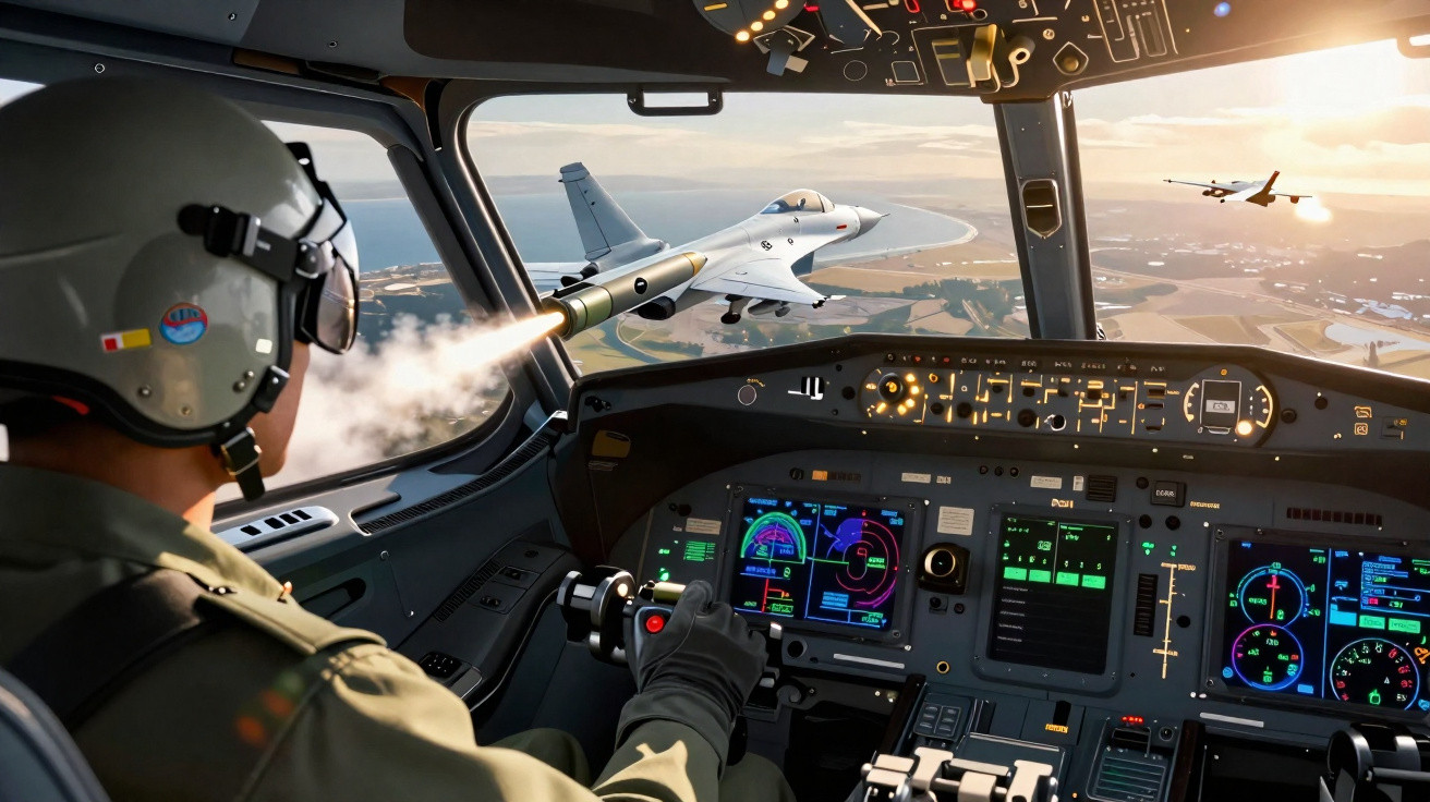 Interior de um cockpit moderno com piloto lançando míssil em avião militar próximo durante voo diurno.