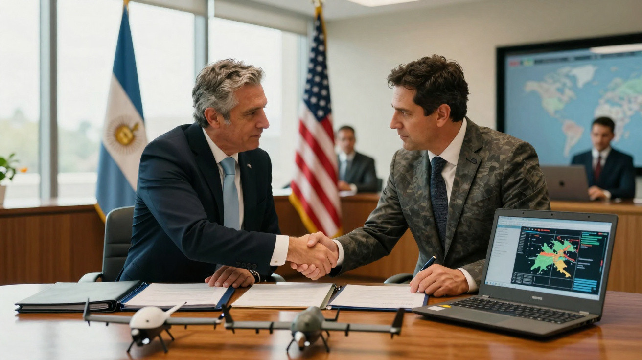 Dois homens apertam as mãos em reunião formal com bandeiras da Argentina e EUA ao fundo.