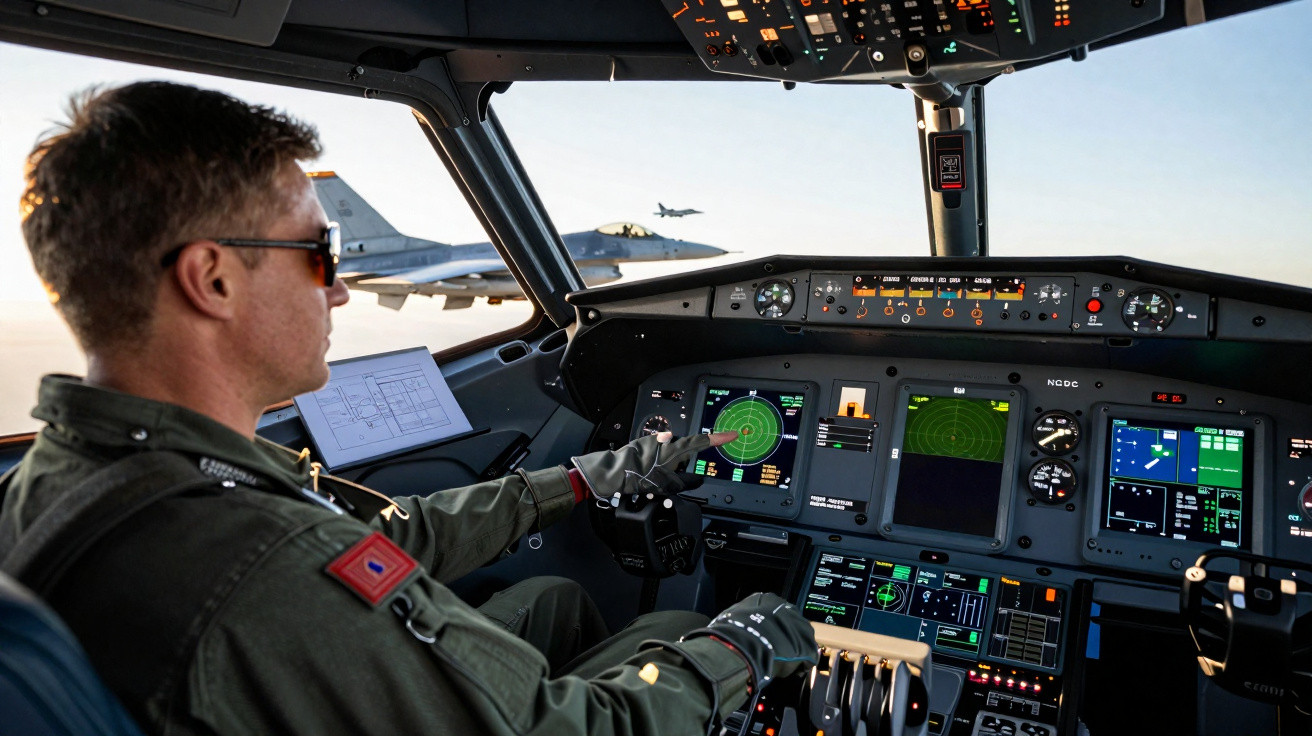 Piloto militar no cockpit de avião com dois caças voando ao fundo durante o voo.