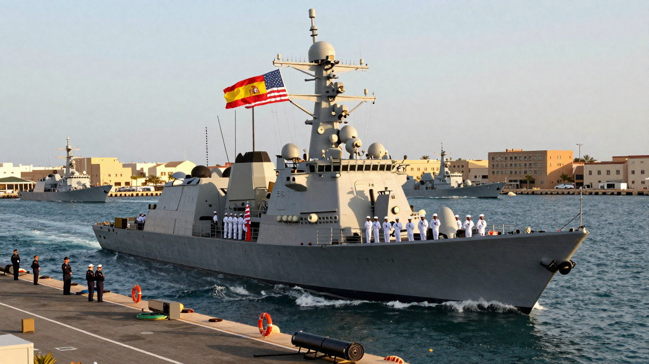 Navio de guerra com tripulação em pé no convés, seguindo pelo porto, com bandeiras dos EUA e Espanha.