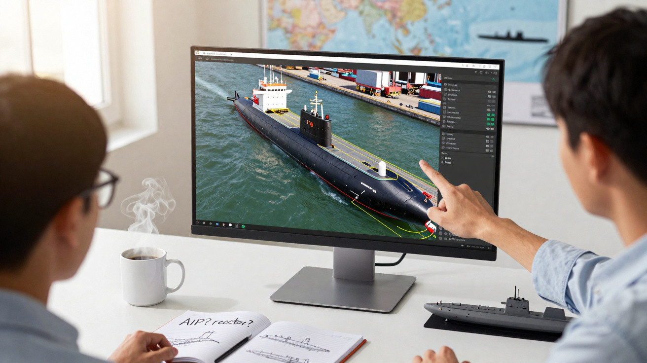 Duas pessoas analisam projeto digital de submarino em computador, com modelo físico e caderno na mesa.