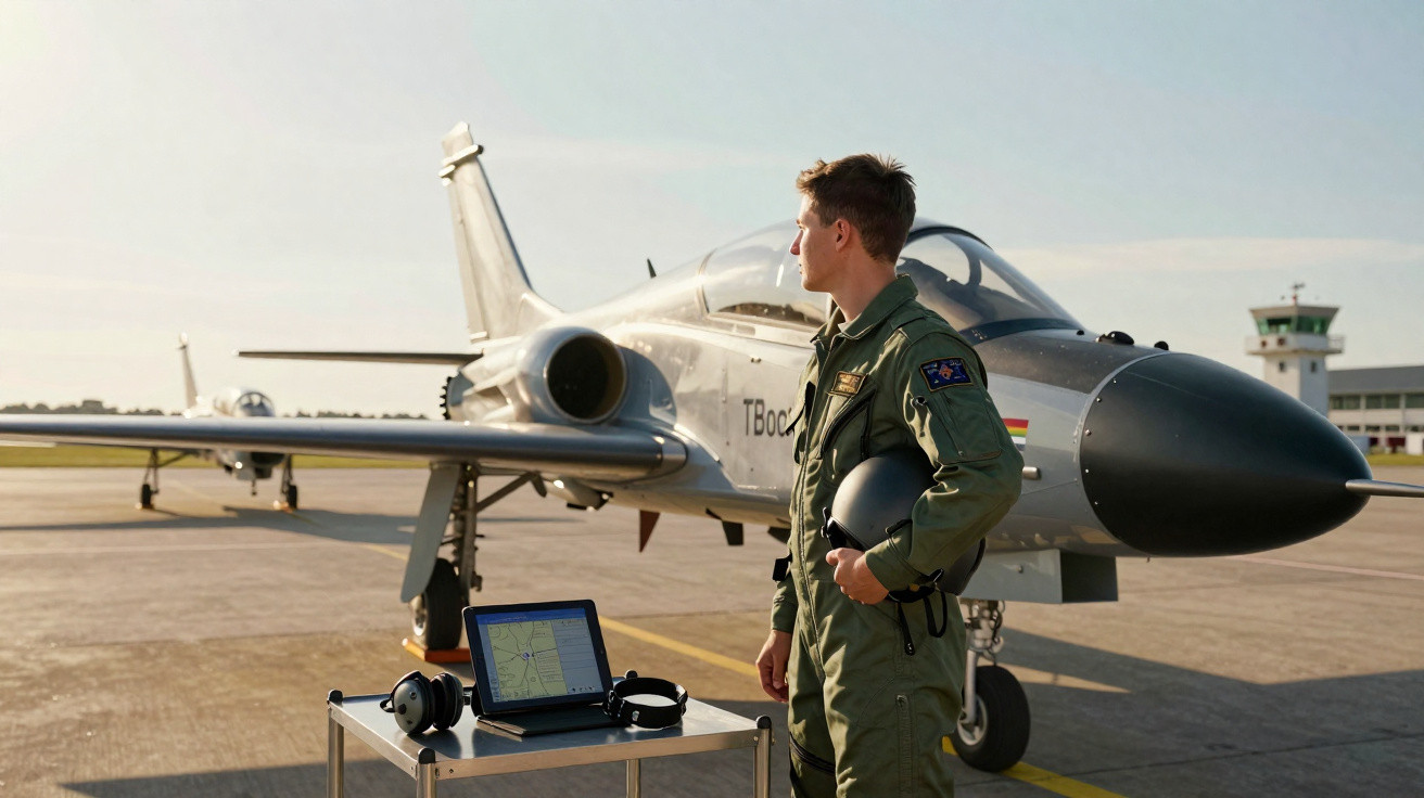 Piloto militar ao lado de avião de caça prateado em pista, com mesa e equipamento eletrônico à frente.