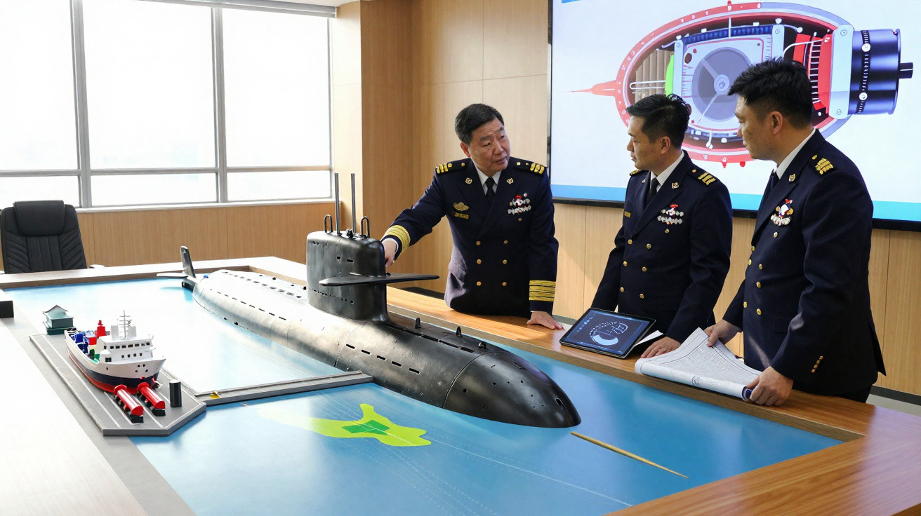 Três militares em escritório analisam maquetes e esquemas de submarino em mesa de reunião.