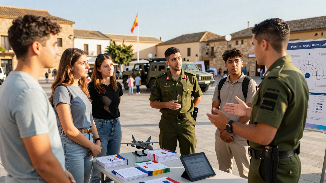 Jovens conversam com militares em mesa de informações ao ar livre em praça com bandeira da Espanha.