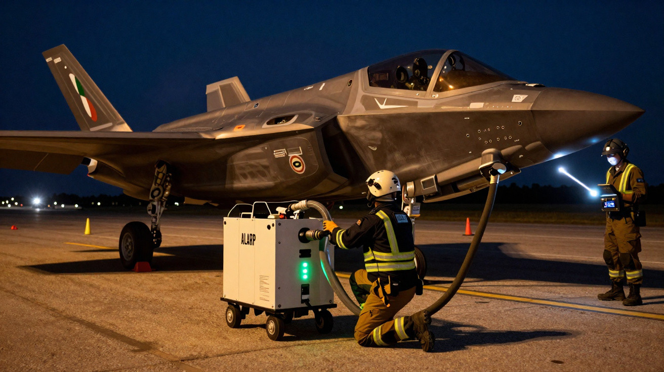 Avião militar estacionado à noite com equipe técnica em operação no solo iluminada por luzes artificiais.
