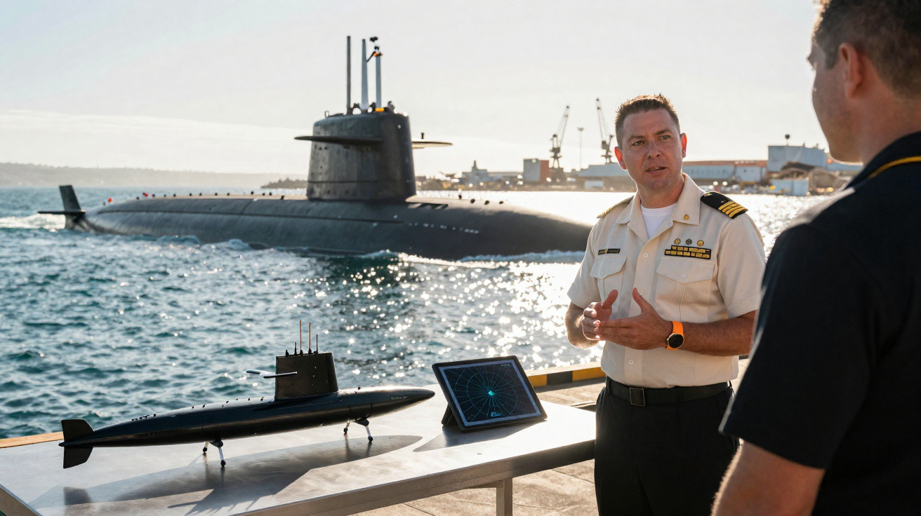 Dois oficiais militares conversam perto de um submarino no mar e um modelo de submarino sobre uma mesa.