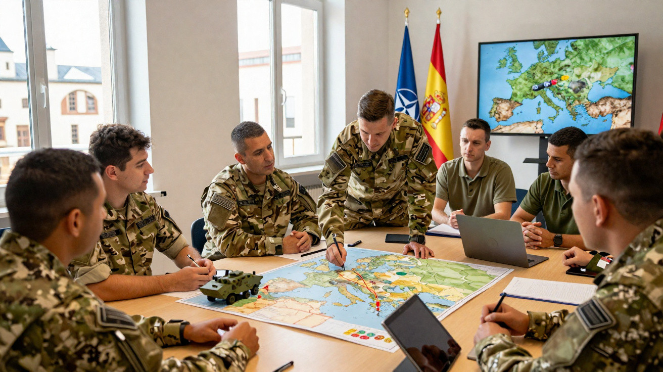 Militares discutem estratégia sobre mapa em mesa com bandeiras da OTAN e Espanha ao fundo.
