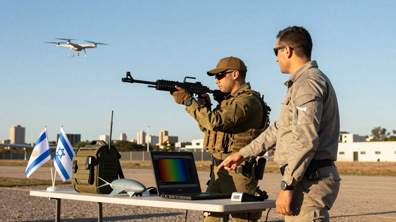 Dois militares operam arma e sistema para derrubar drone no campo aberto com bandeiras de Israel e Argentina.