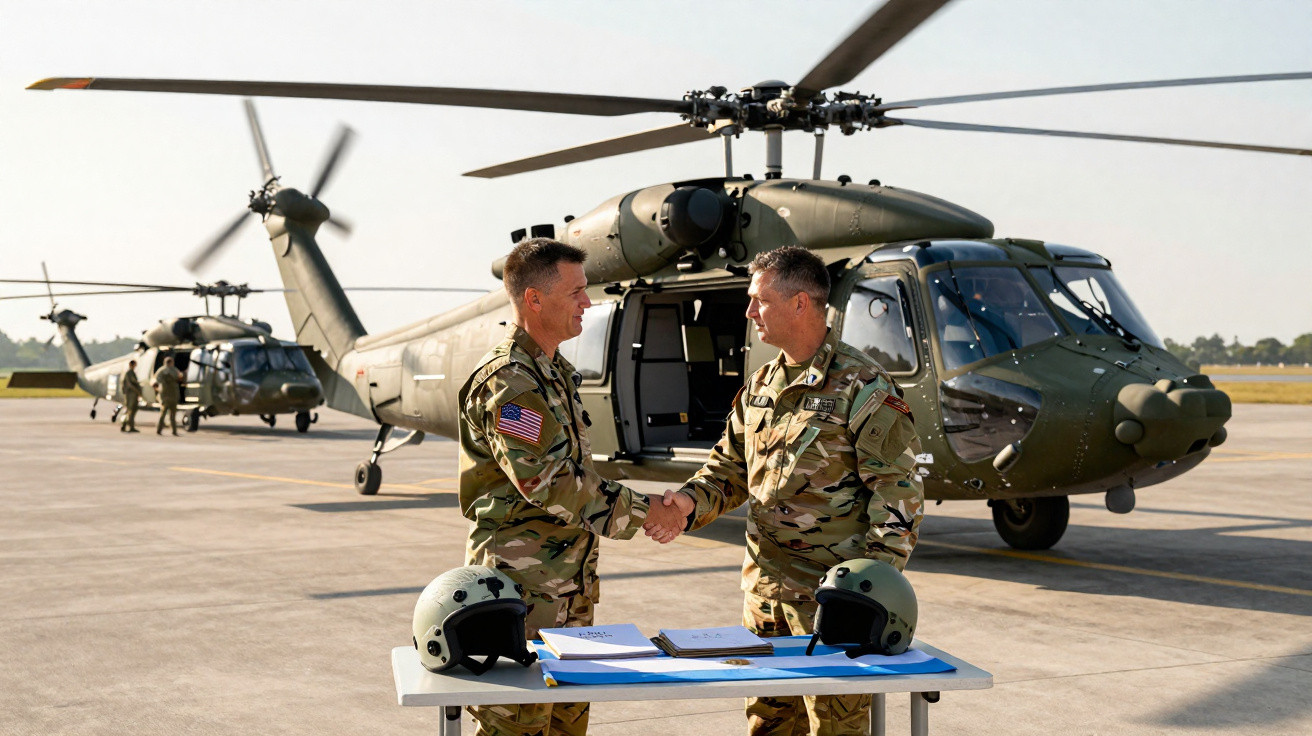 Dois militares em uniformes camuflados apertam as mãos em frente a helicópteros militares estacionados em pista.