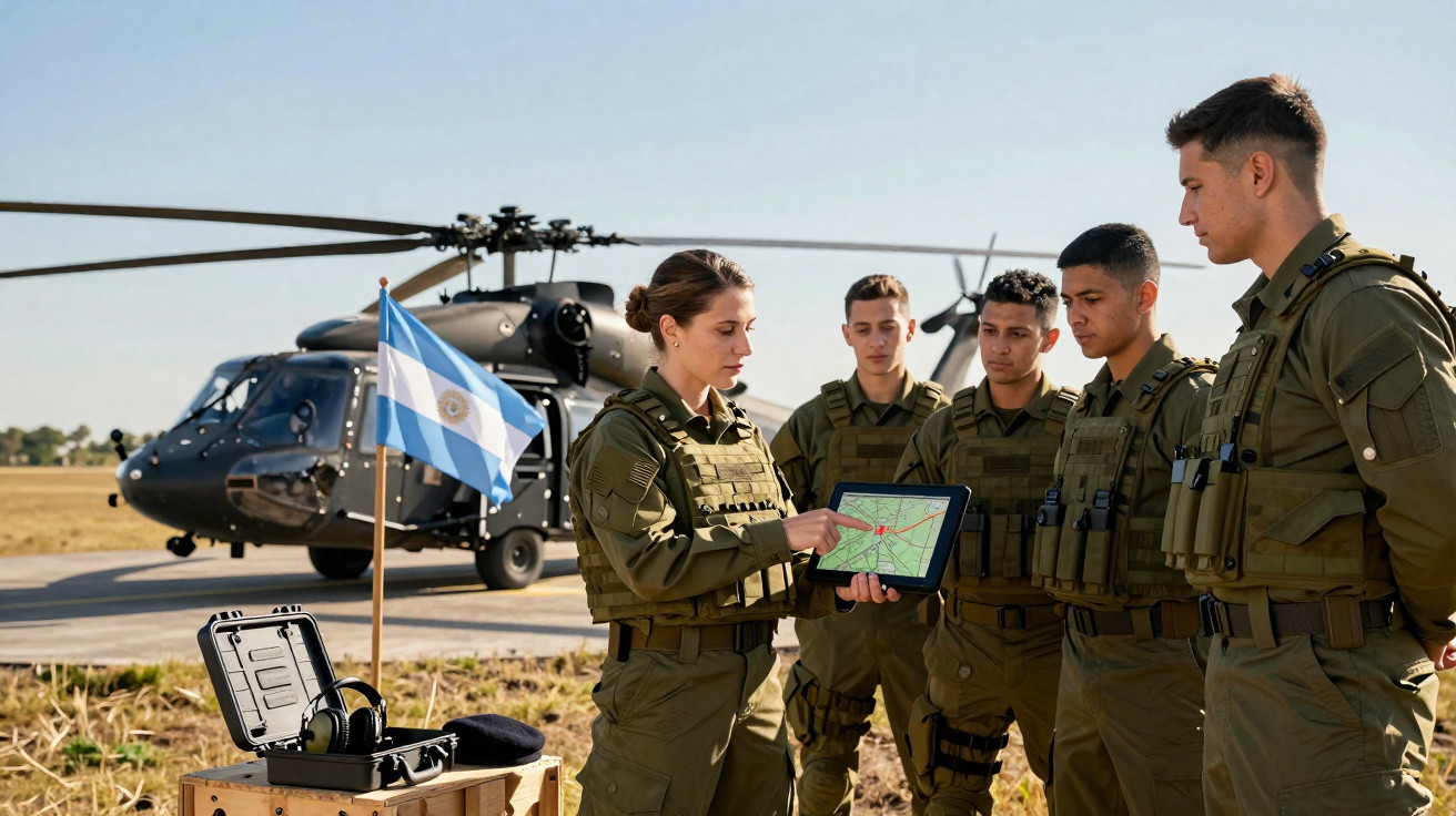 Militares recebem instruções ao ar livre com helicóptero e bandeira da Argentina ao fundo.
