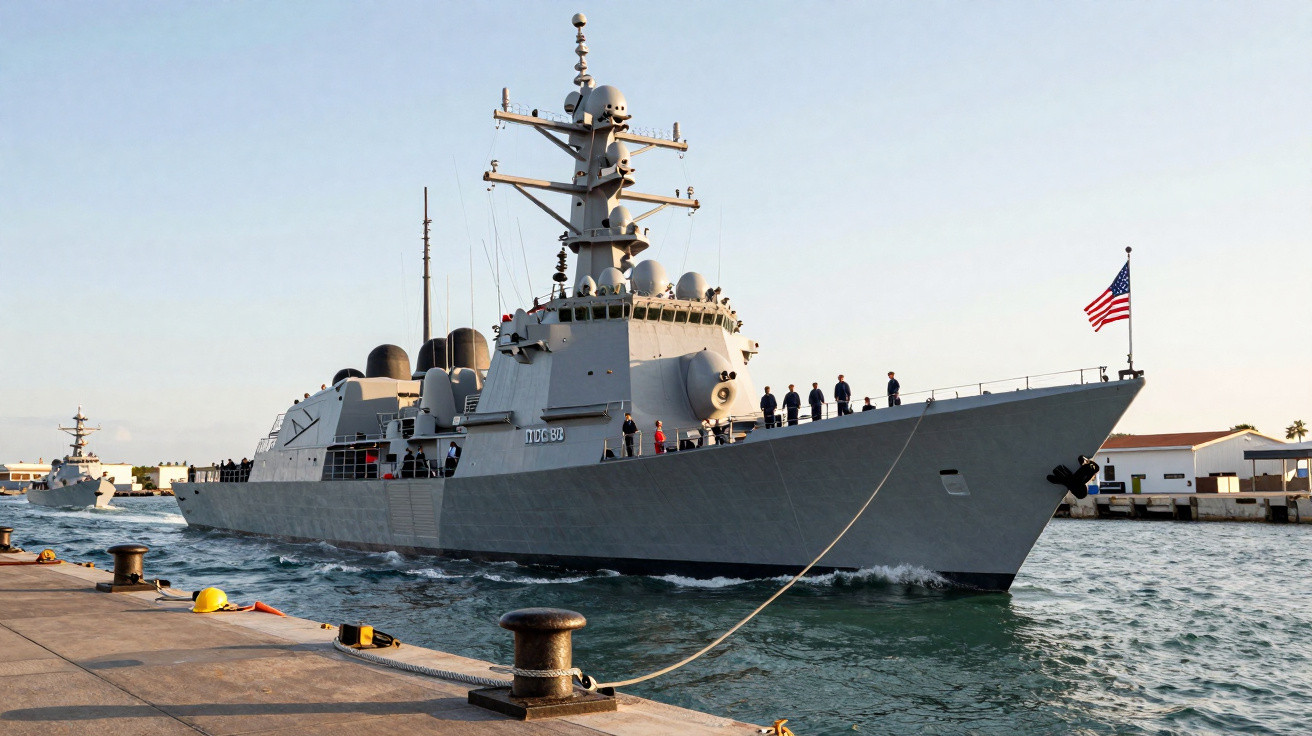 Navio de guerra americano cinza atracado em cais com tripulantes na borda e bandeira dos EUA hasteada.