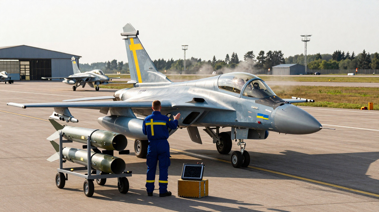 Avião de caça sueco estacionado em pista com técnico em uniforme azul e amarelo próximos a armamentos.