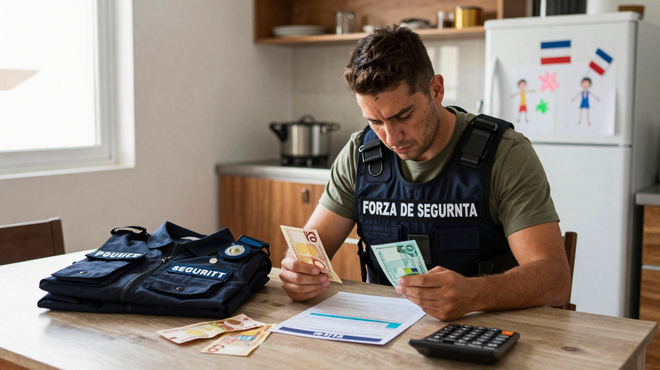 Homem com colete à prova de balas contando dinheiro em mesa com documentos e coletes de segurança ao lado.
