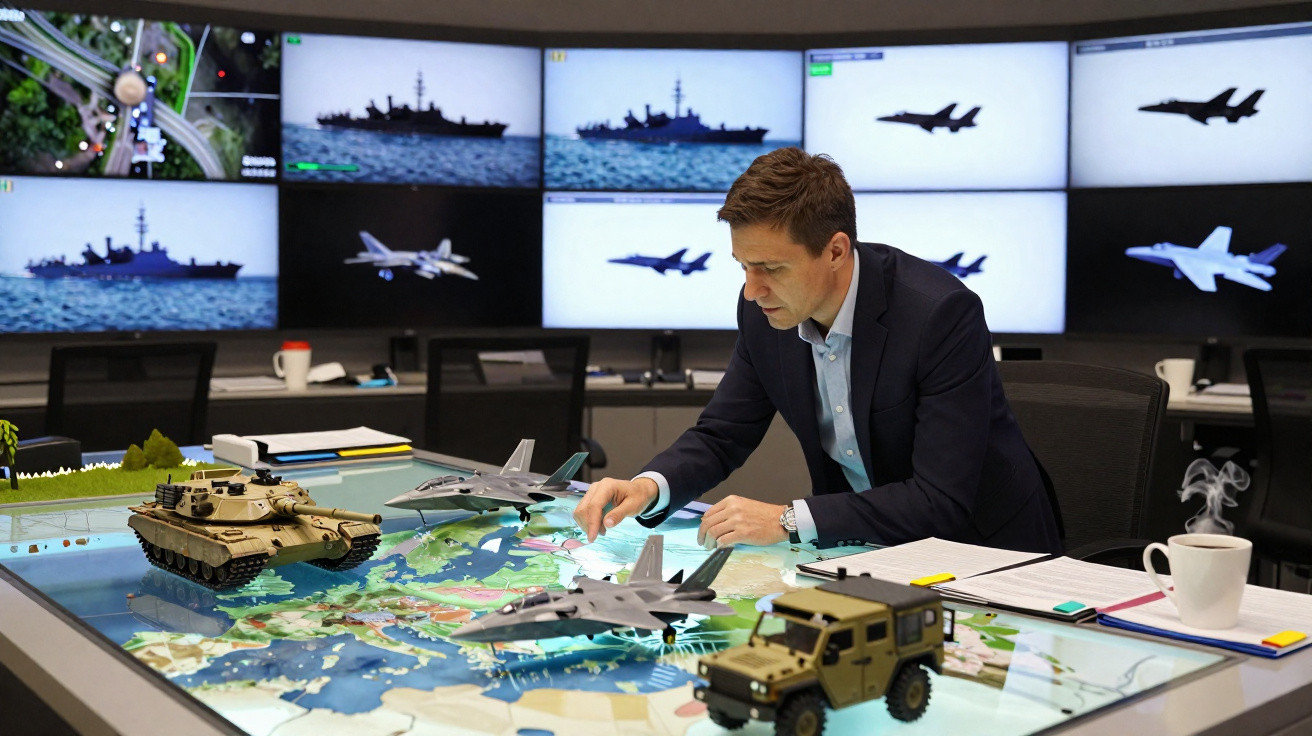 Homem analisa mapa com miniaturas de tanque, jato e caminhonete em mesa, com telas de navios e aviões ao fundo.