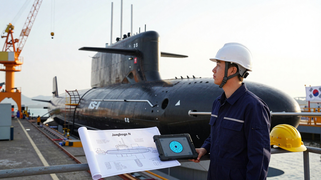 Engenheiro naval com capacete branco segura tablet ao lado de planta de submarino na doca seca com submarino preto.