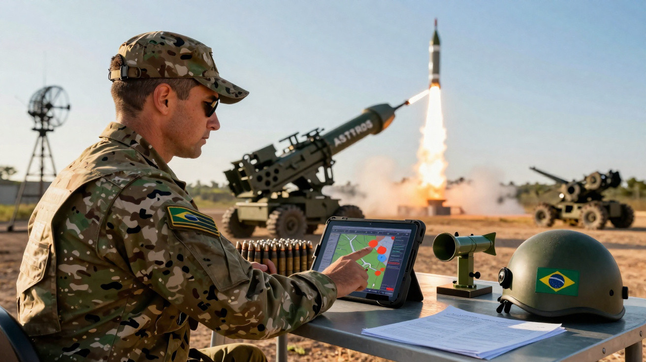 Soldado brasileiro em uniforme camuflado opera tablet com mapa durante lançamento de míssil Astros ao fundo.