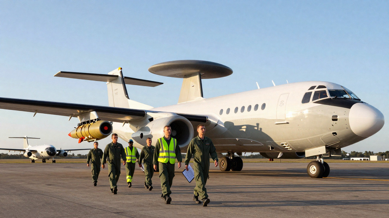 Aeronautas caminhando na pista ao lado de avião militar AWACS branco durante dia claro.