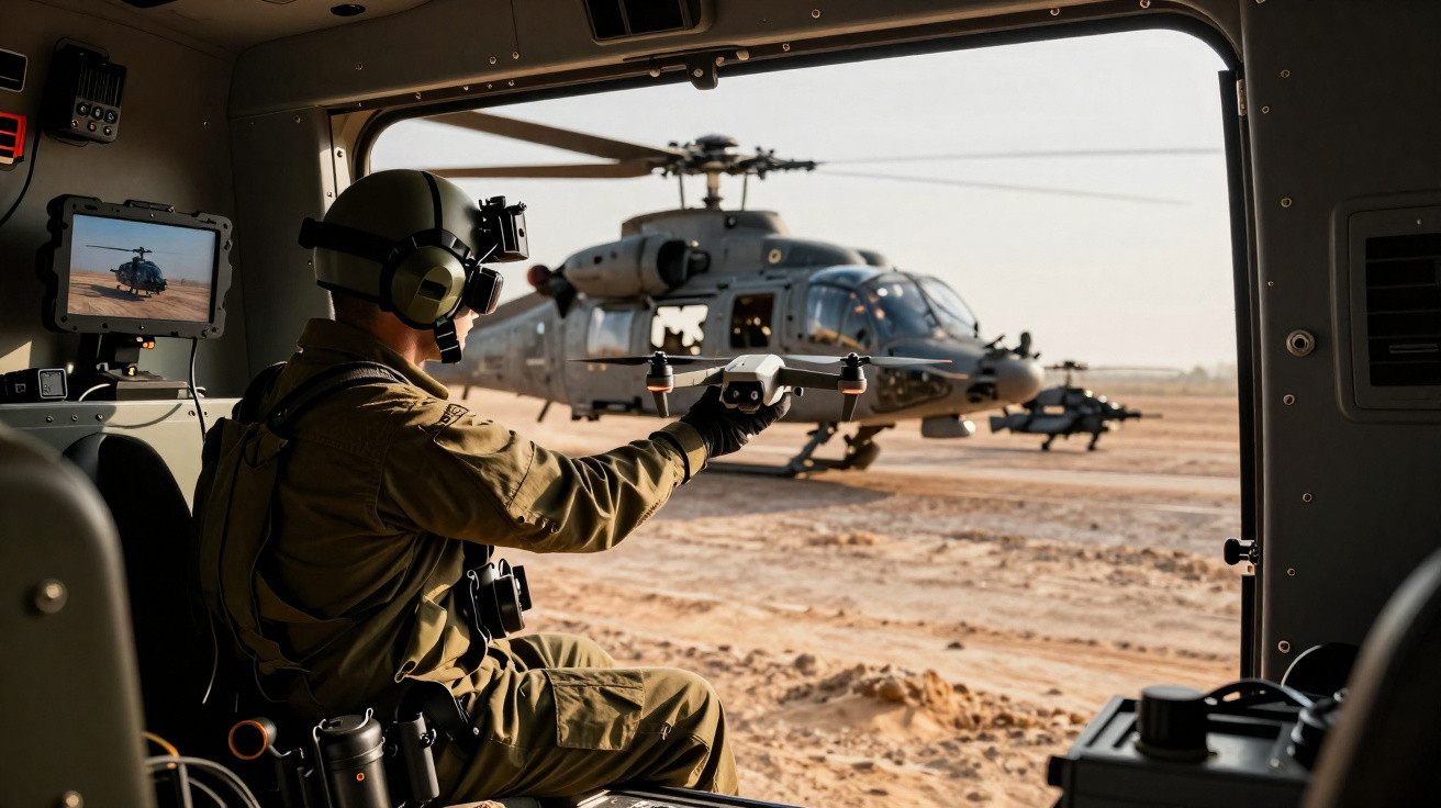 Militar operando drone dentro de veículo militar com helicópteros ao fundo em cenário desértico.