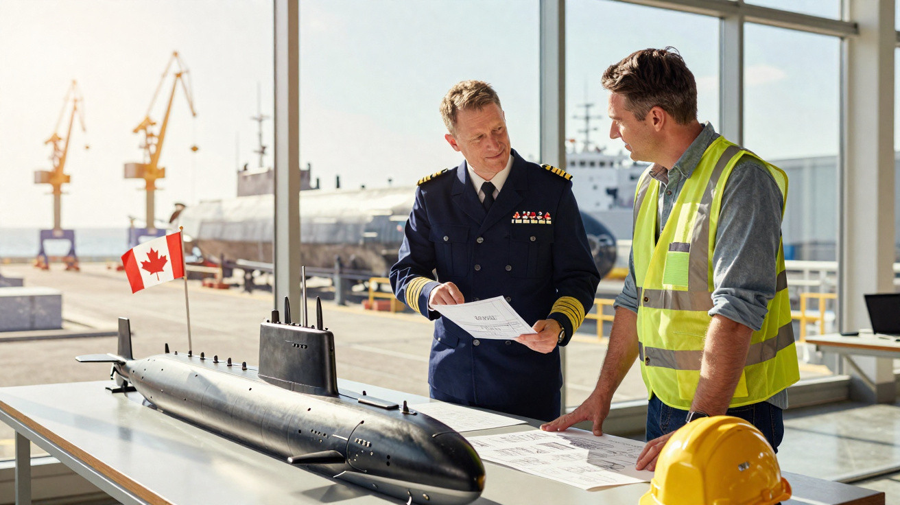 Dois homens discutem planos ao lado de um modelo de submarino com bandeira do Canadá em um escritório à beira-mar.