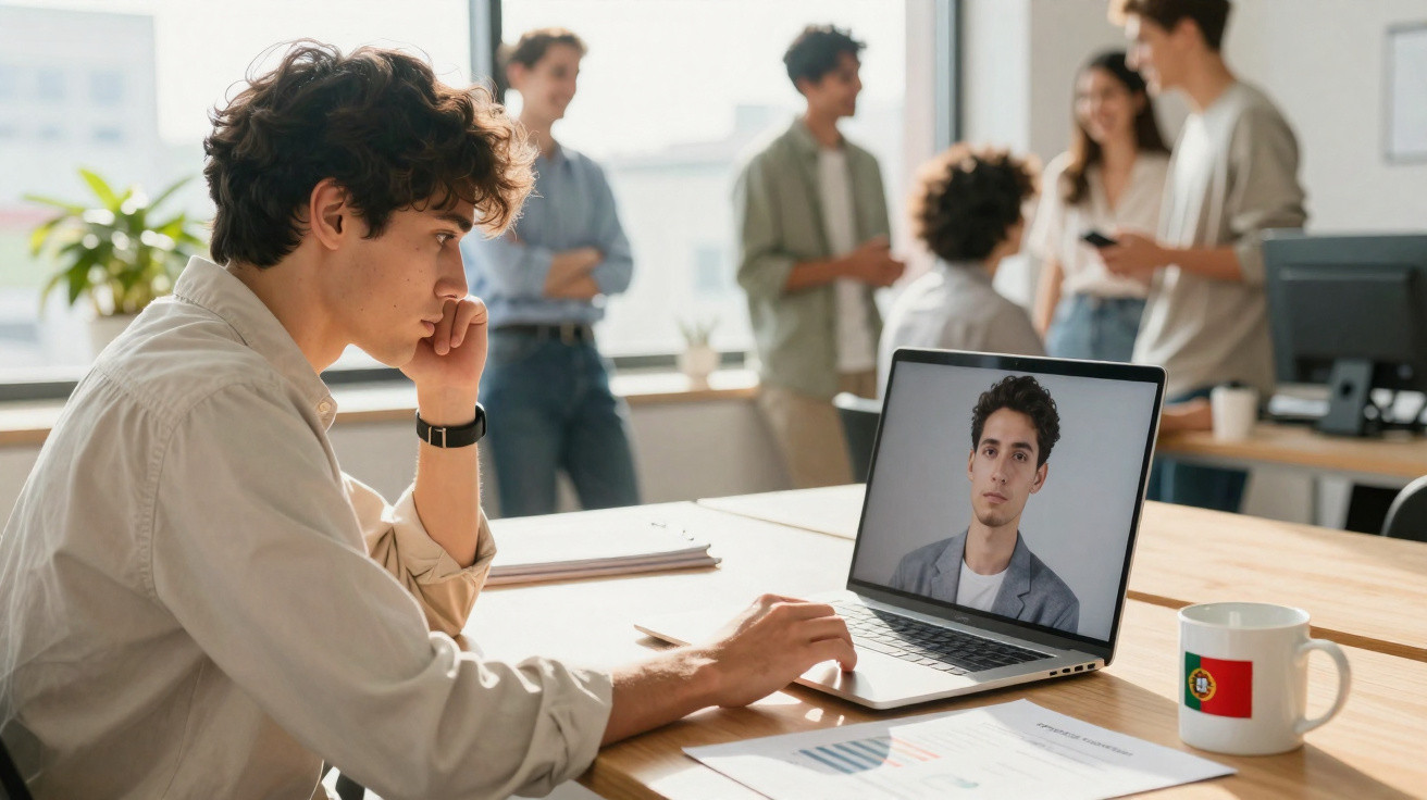 Jovem faz videochamada no laptop em escritório enquanto colegas conversam ao fundo.