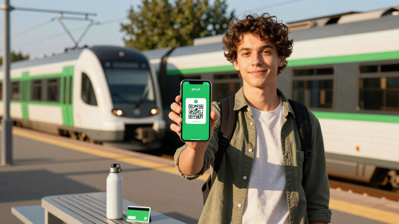 Jovem mostra celular com QR code na mão em plataforma com trem ao fundo em estação moderna.