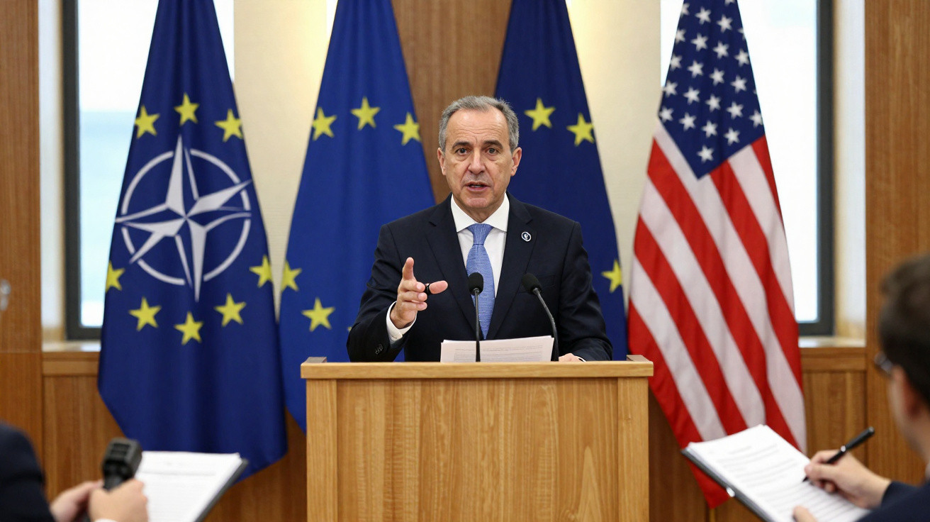 Homem falando em púlpito com bandeiras da OTAN, União Europeia e Estados Unidos ao fundo.