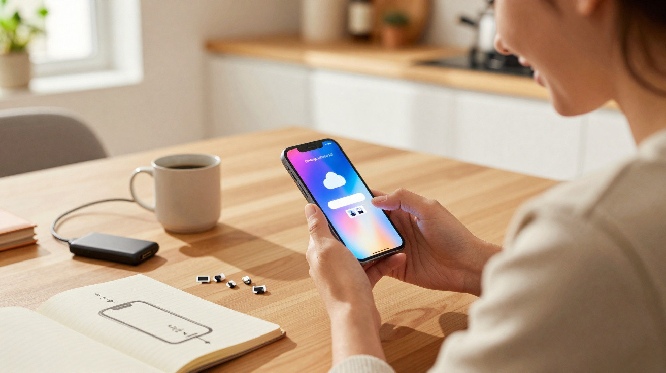 Pessoa segurando celular com tela de backup em nuvem, sentada à mesa com caderno, chips e xícara.