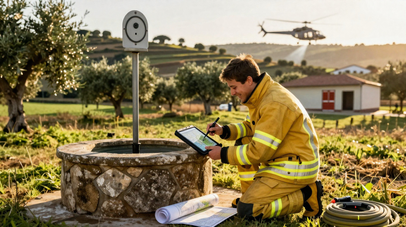 Homem em roupa de proteção analisa dados em tablet próximo a poço com helicóptero ao fundo em campo aberto.