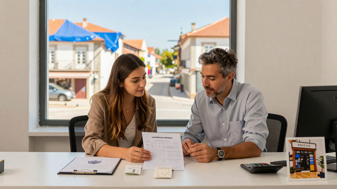 Duas pessoas sentadas à mesa revisando documentos em escritório com janela para rua ao fundo.