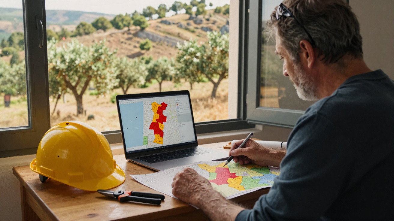 Homem analisa mapas coloridos em papel e laptop em mesa com capacete amarelo e tesoura, ao lado de janela aberta.