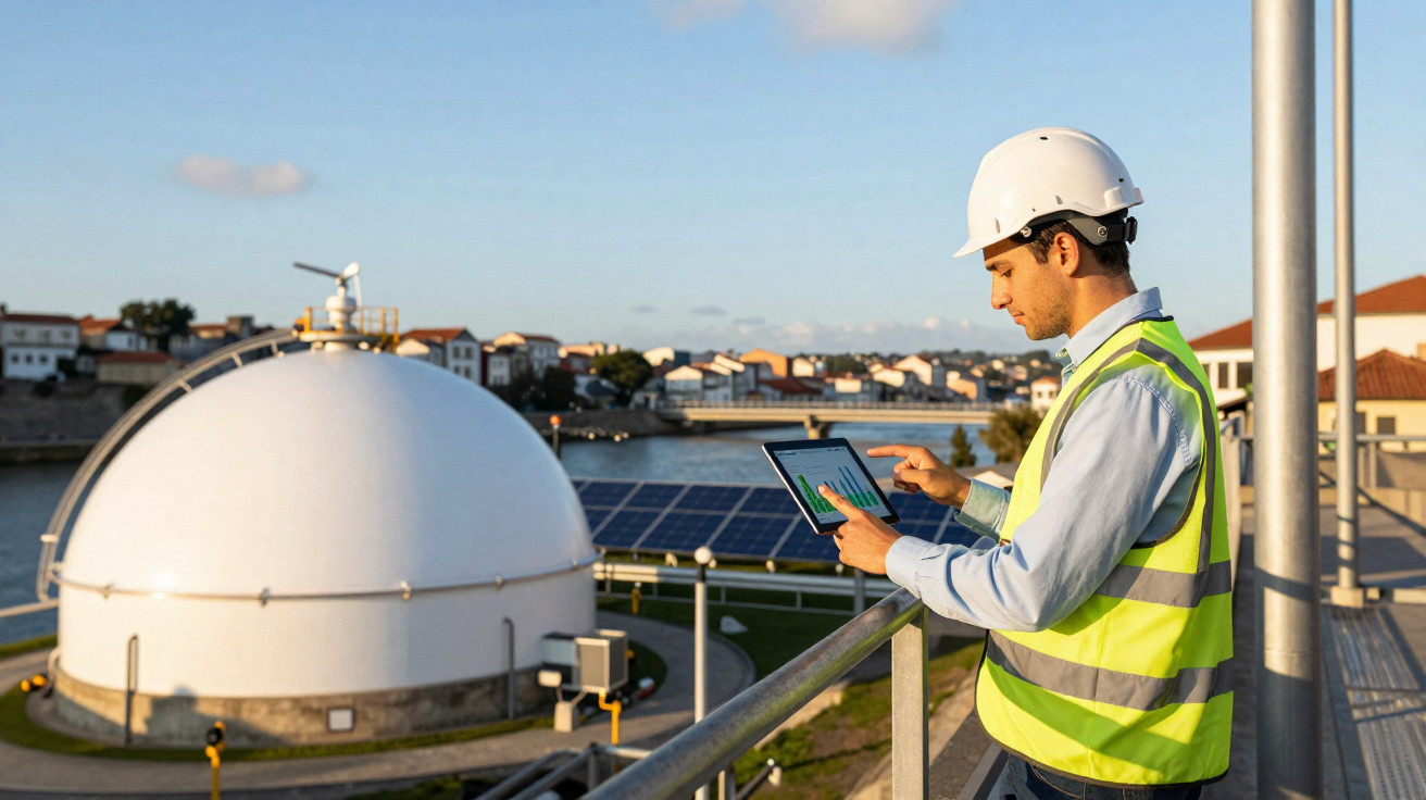 Engenheiro com capacete e colete analisa dados em tablet perto de tanques e painéis solares.