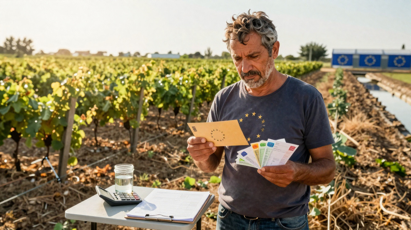 Homem em vinhedo analisa cartas e documentos agrícolas com mesa, calculadora e copo d'água ao lado.