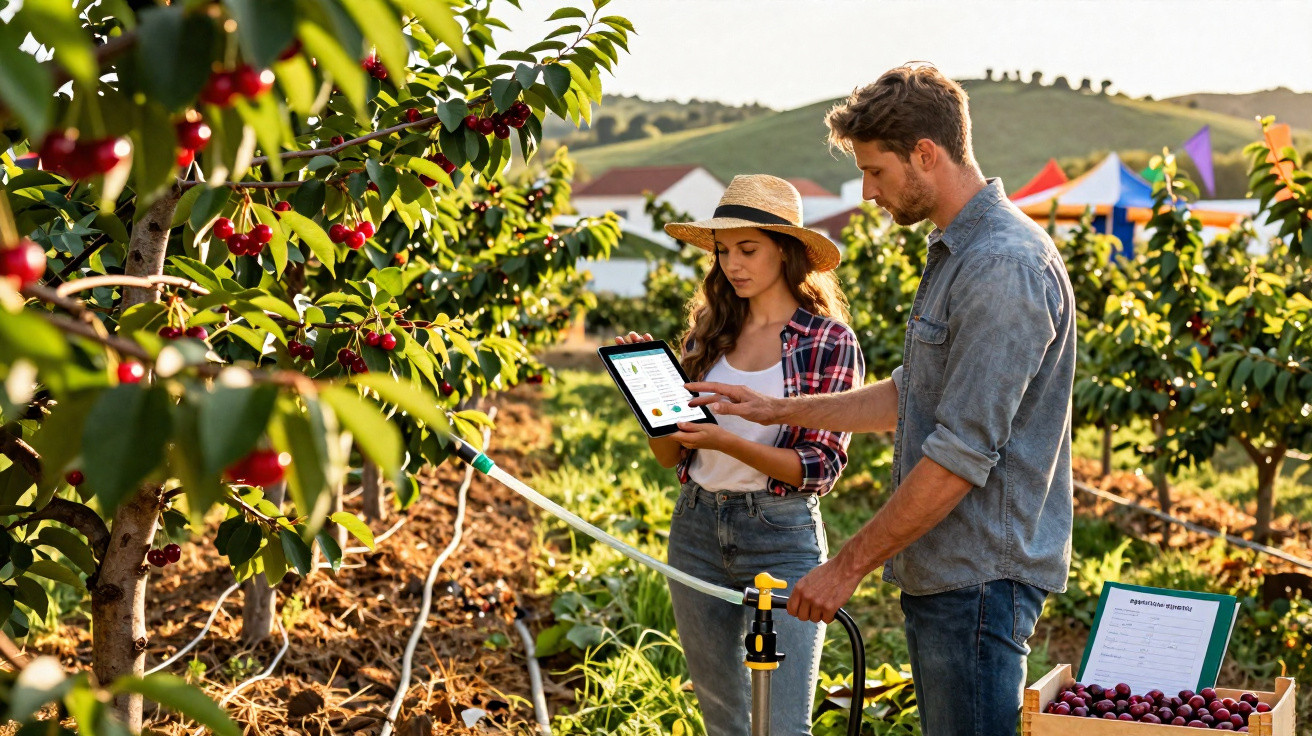 Casal em pomar usando tablet para monitorar irrigação de árvores frutíferas ao ar livre.