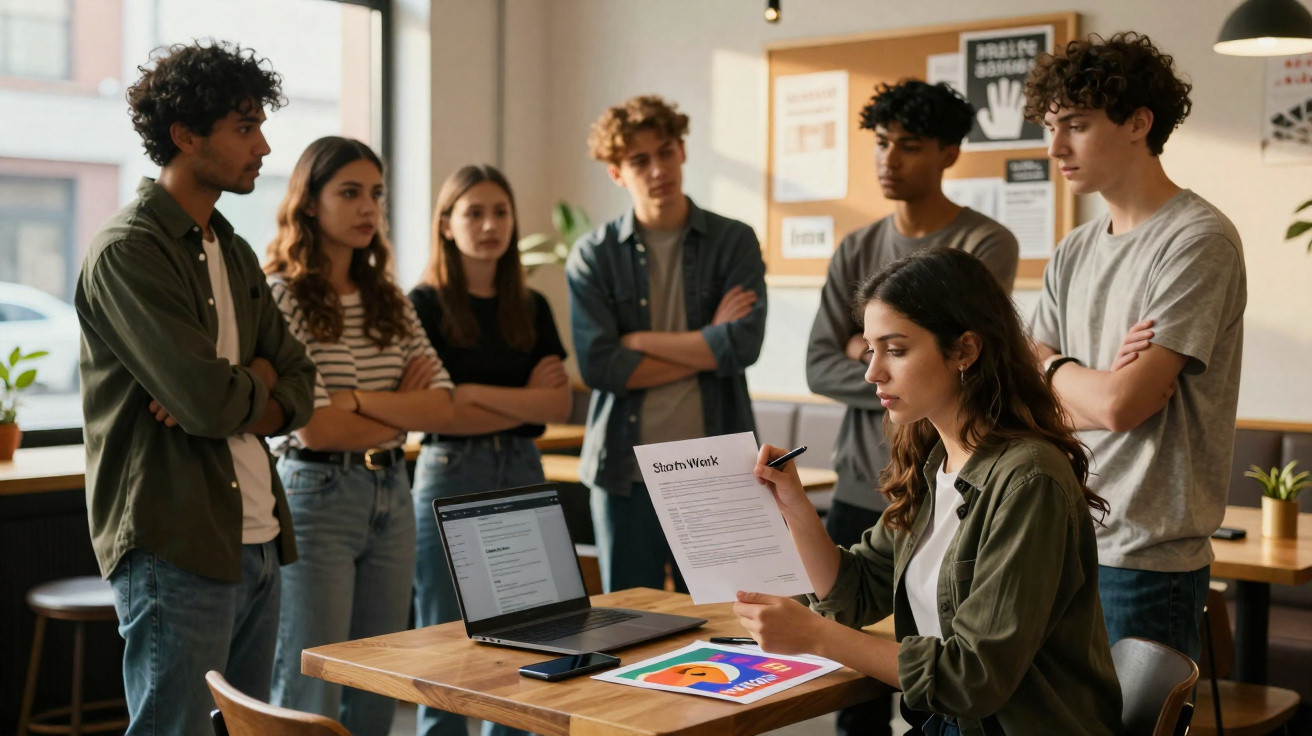 Grupo de jovens em reunião de trabalho, com uma mulher segurando documento e discutindo ideias.