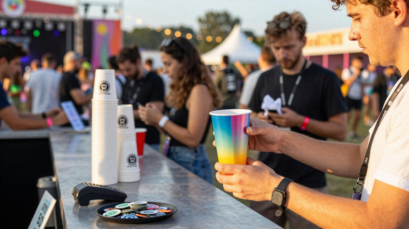 Pessoa segurando copo colorido em festival ao ar livre com público ao fundo e copos empilhados no balcão.