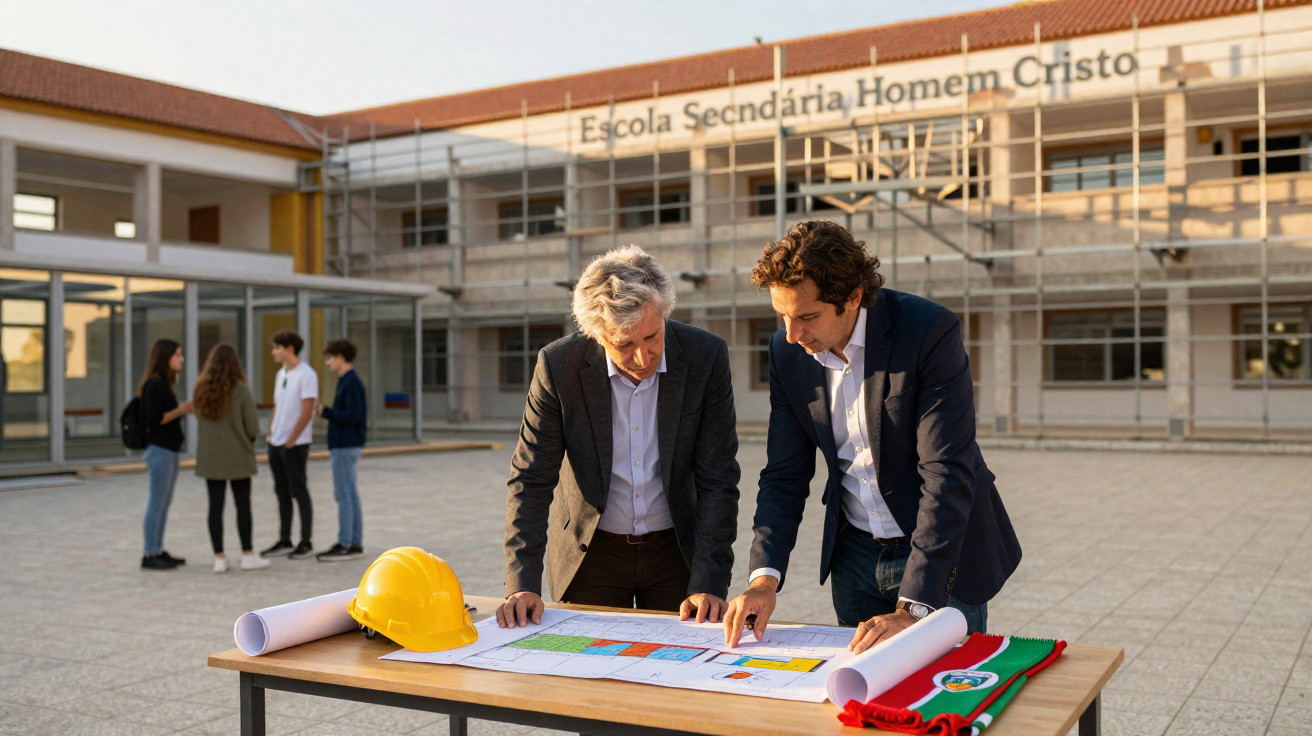 Dois homens analisam planta arquitetônica em mesa na frente de escola com reforma em andamento.