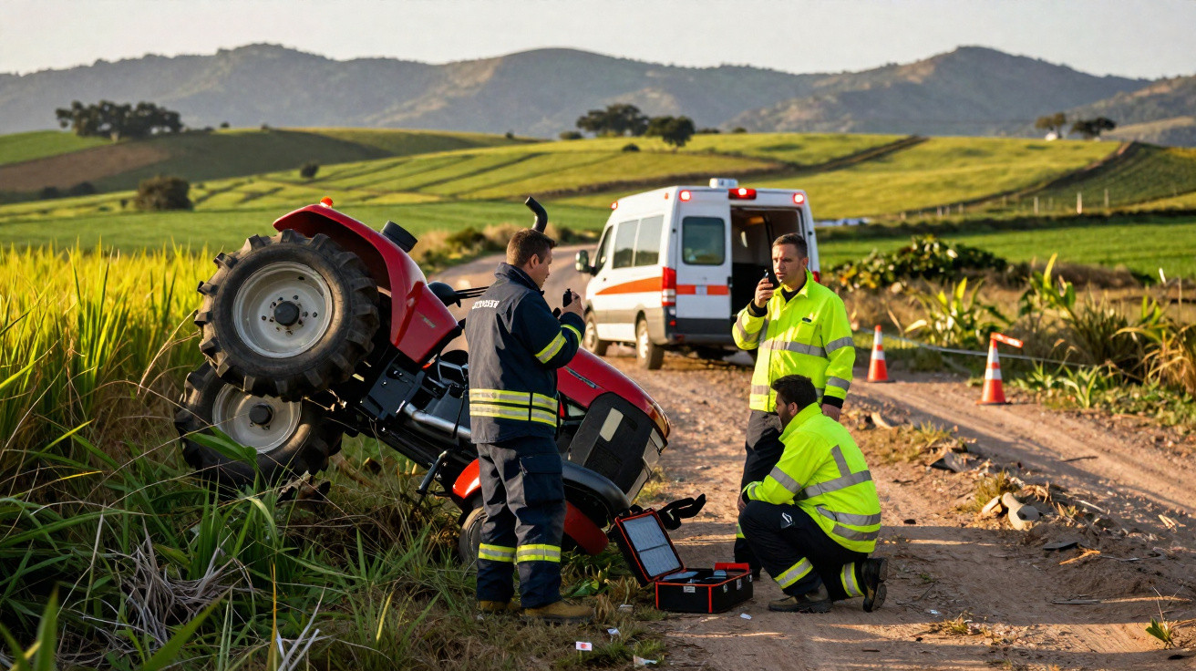 Acidente com trator tombado na beira de estrada rural, com equipe de emergência e ambulância no local.