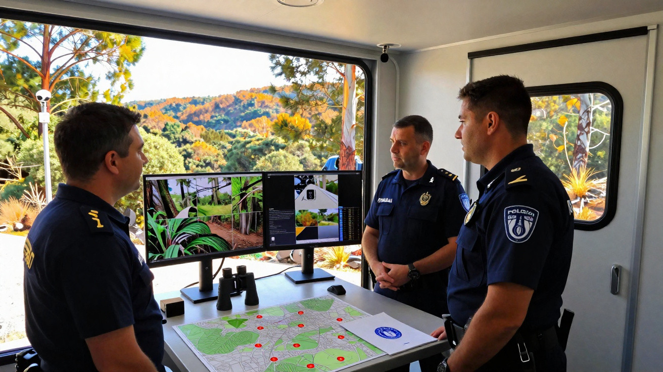 Três policiais em posto de comando analisam mapas e imagens de vigilância com paisagem montanhosa ao fundo.