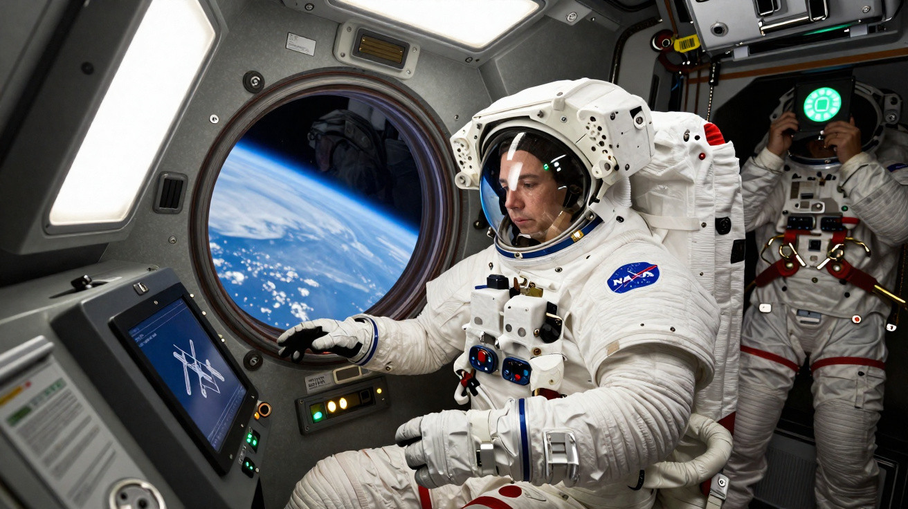 Astronauta em traje espacial operando equipamento dentro de nave com vista da Terra pela janela.