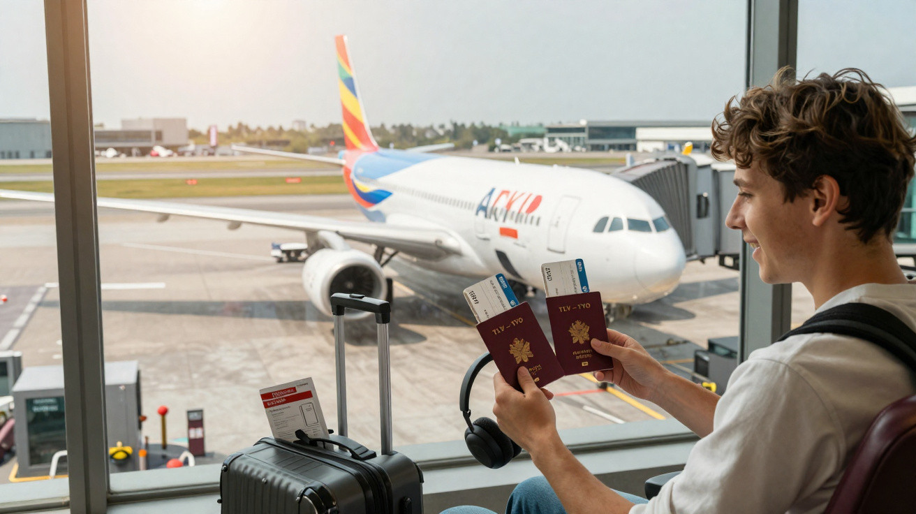 Homem sorrindo sentado no aeroporto com passaporte e passagens aéreas, avião ao fundo.