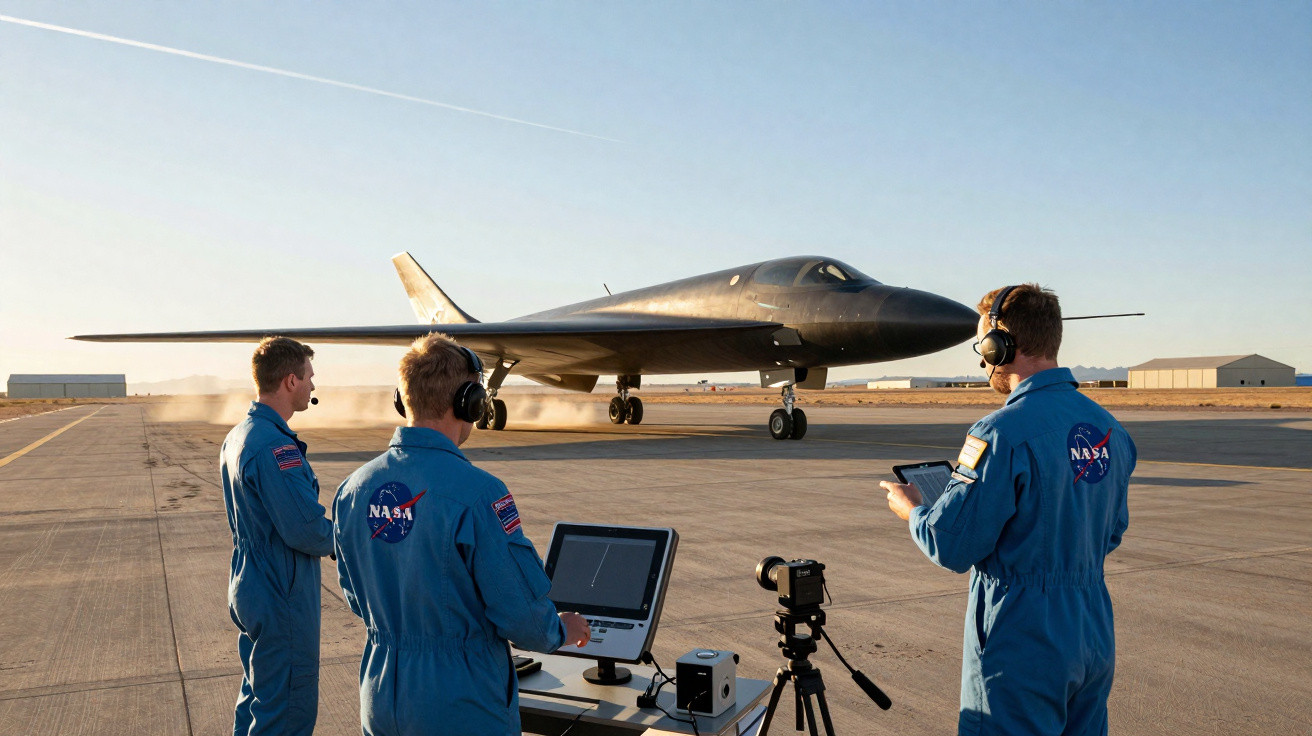 Três técnicos da NASA em macacão azul monitoram táxi de avião stealth preto numa pista ao pôr do sol.