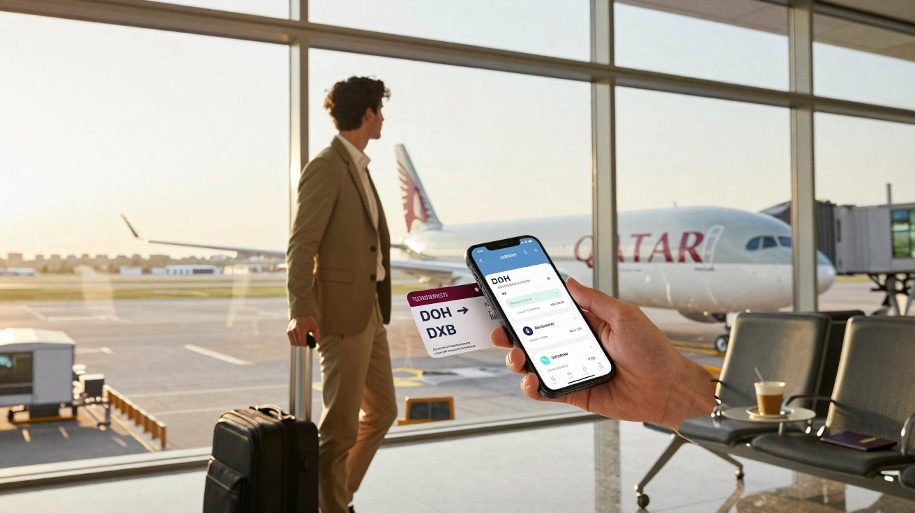 Homem segurando celular e passagens aéreas em aeroporto com avião Qatar ao fundo.