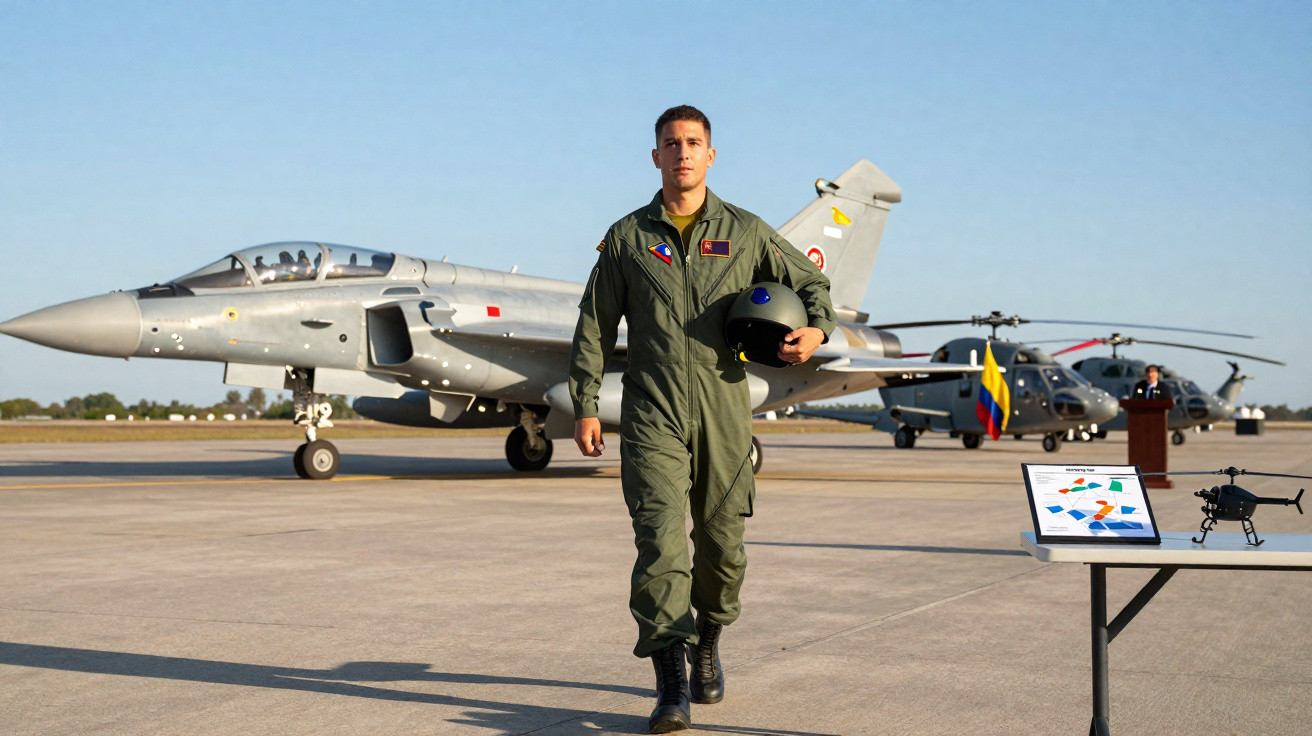 Piloto militar em uniforme verde caminha com capacete na mão em pista com avião e helicópteros ao fundo.