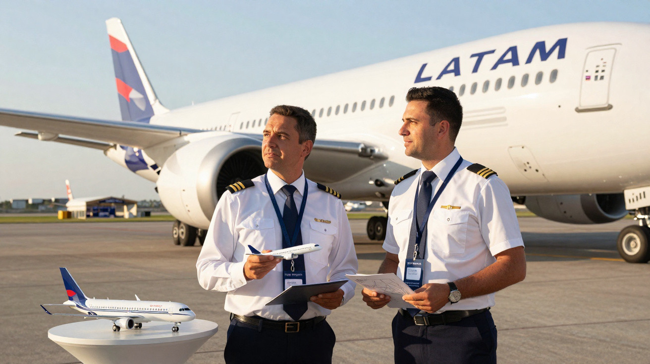 Dois pilotos da LATAM conversam em aeroporto com modelo de avião na mão e avião real ao fundo.
