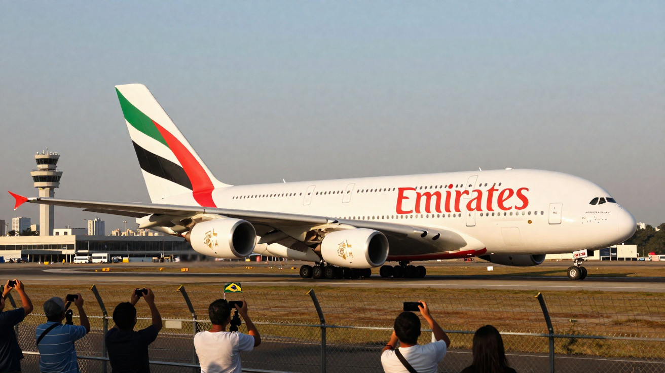 Avião Emirates taxiando no aeroporto com pessoas fotografando do lado de fora da cerca.