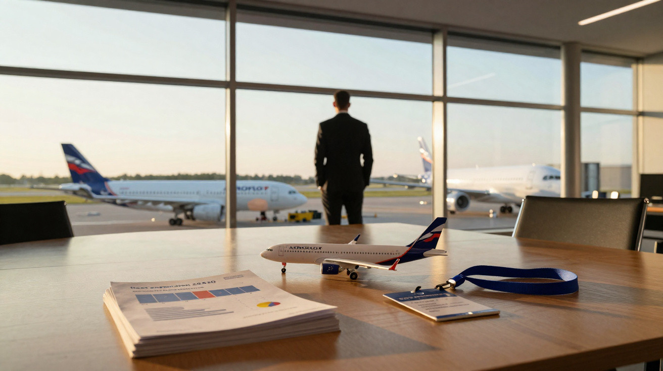 Homem de terno olhando para aviões da Aeroflot no aeroporto, com maquete de avião e documentos na mesa.